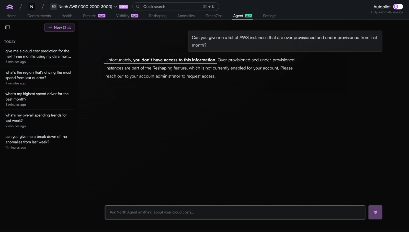 Noros, previously known as Agent North, responding to a question outside the user’s access permissions.