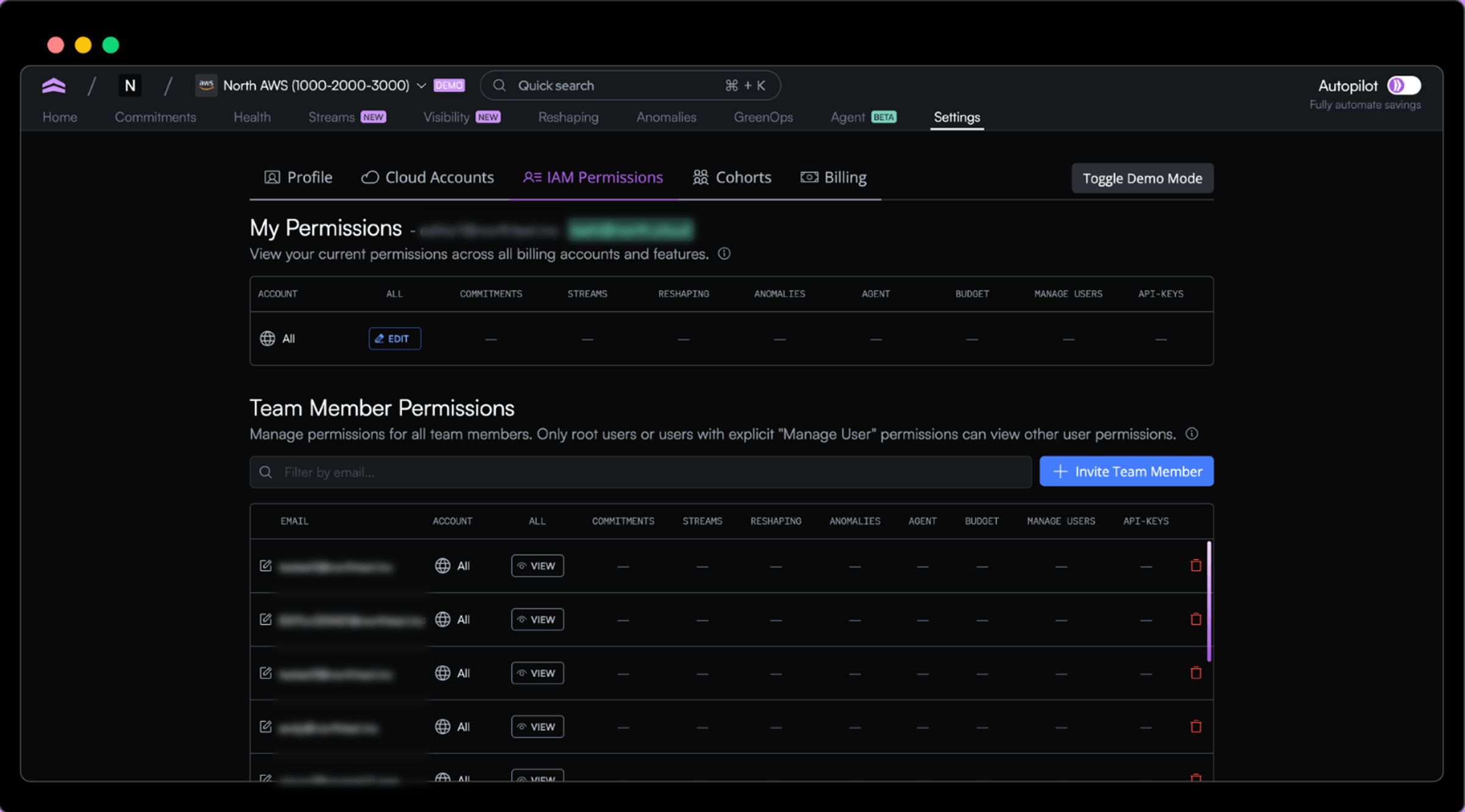 A view of IAM permissions control tab inside North.cloud. 