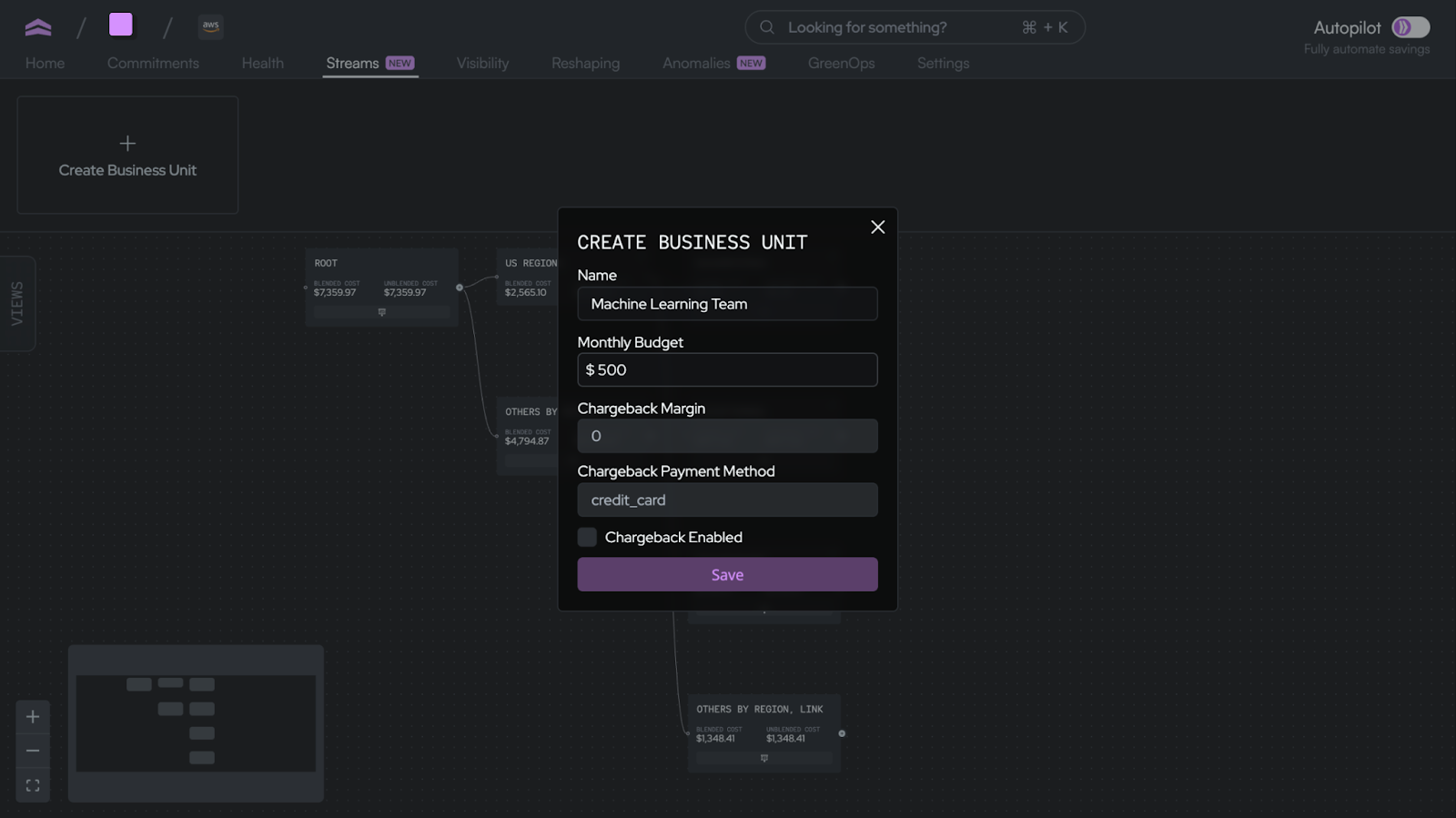 A screenshot of how setting a budget looks like in the Coststreams section of app.north.cloud.