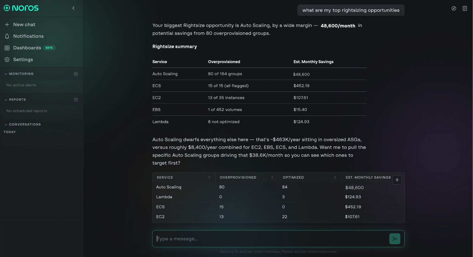 Noros answering a rightsizing question in plain language.