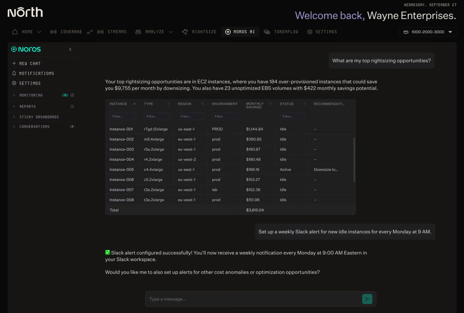 A Noros chat conversation answering "what are my top rightsizing opportunities," with a response identifying 184 over-provisioned EC2 instances worth $9,755 in monthly savings, plus a data table listing individual instances by type, region, environment, and savings amount. A follow-up message shows Noros confirming a weekly Slack alert was configured for new idle instances.