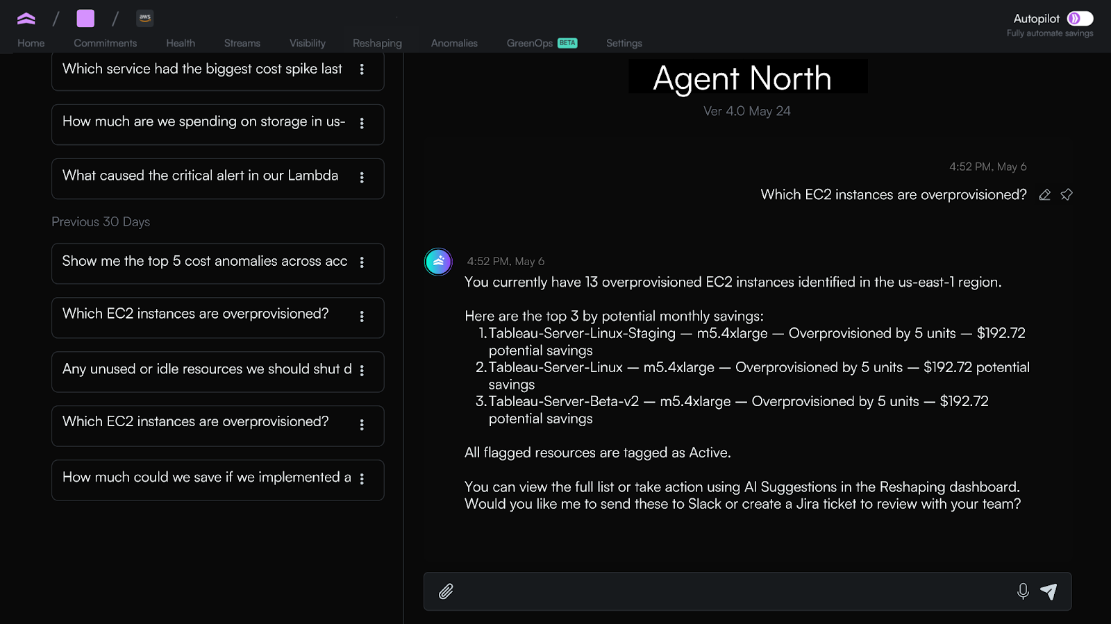 A screenshot of Noros, previously known as Agent North, responding to a cloud cost question in app.north.cloud.