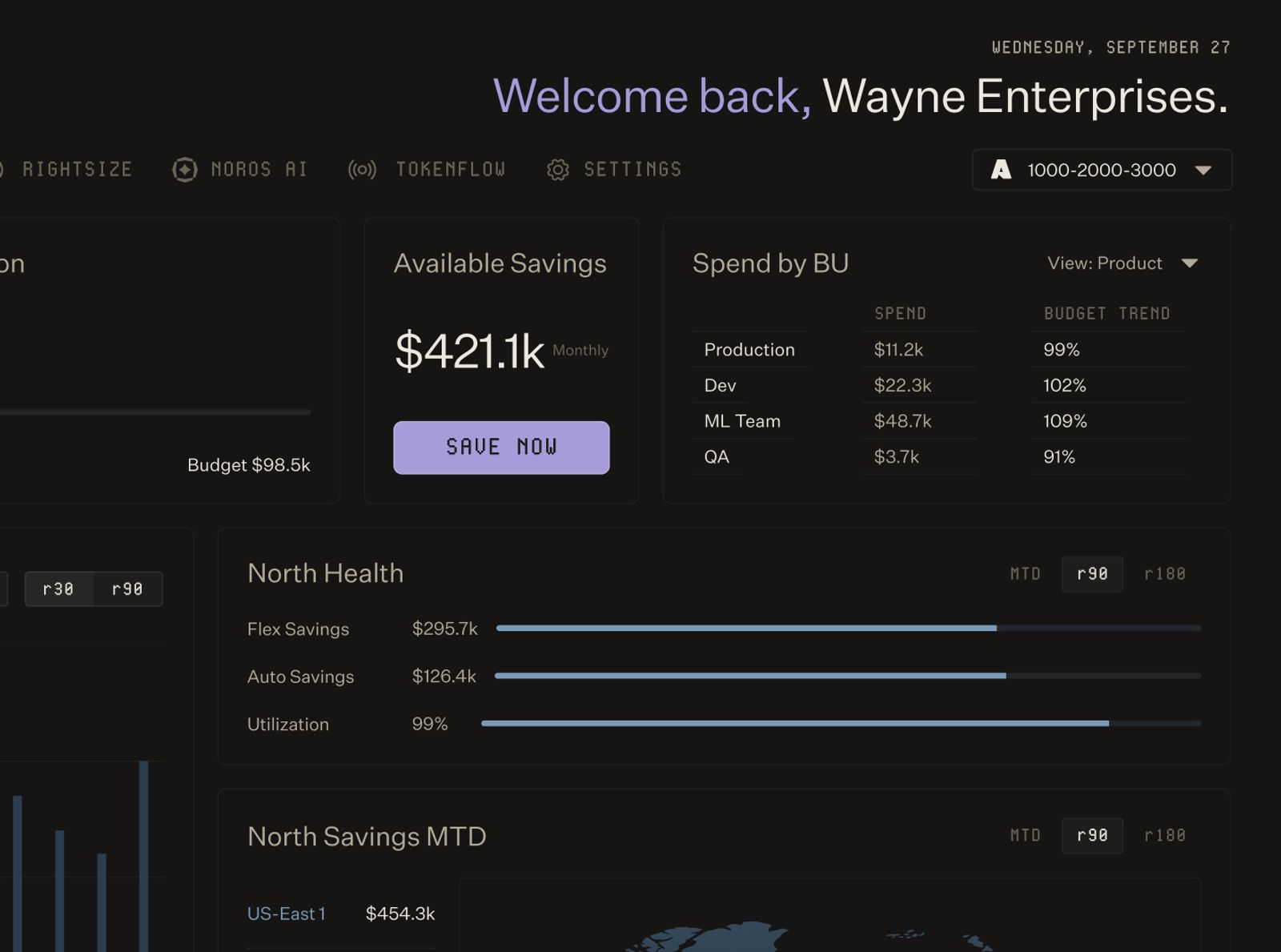 North's dashboard showing available savings, spend by business unit, North Health savings tracking, and North Savings MTD across regions, with an Azure account selector now visible alongside AWS.