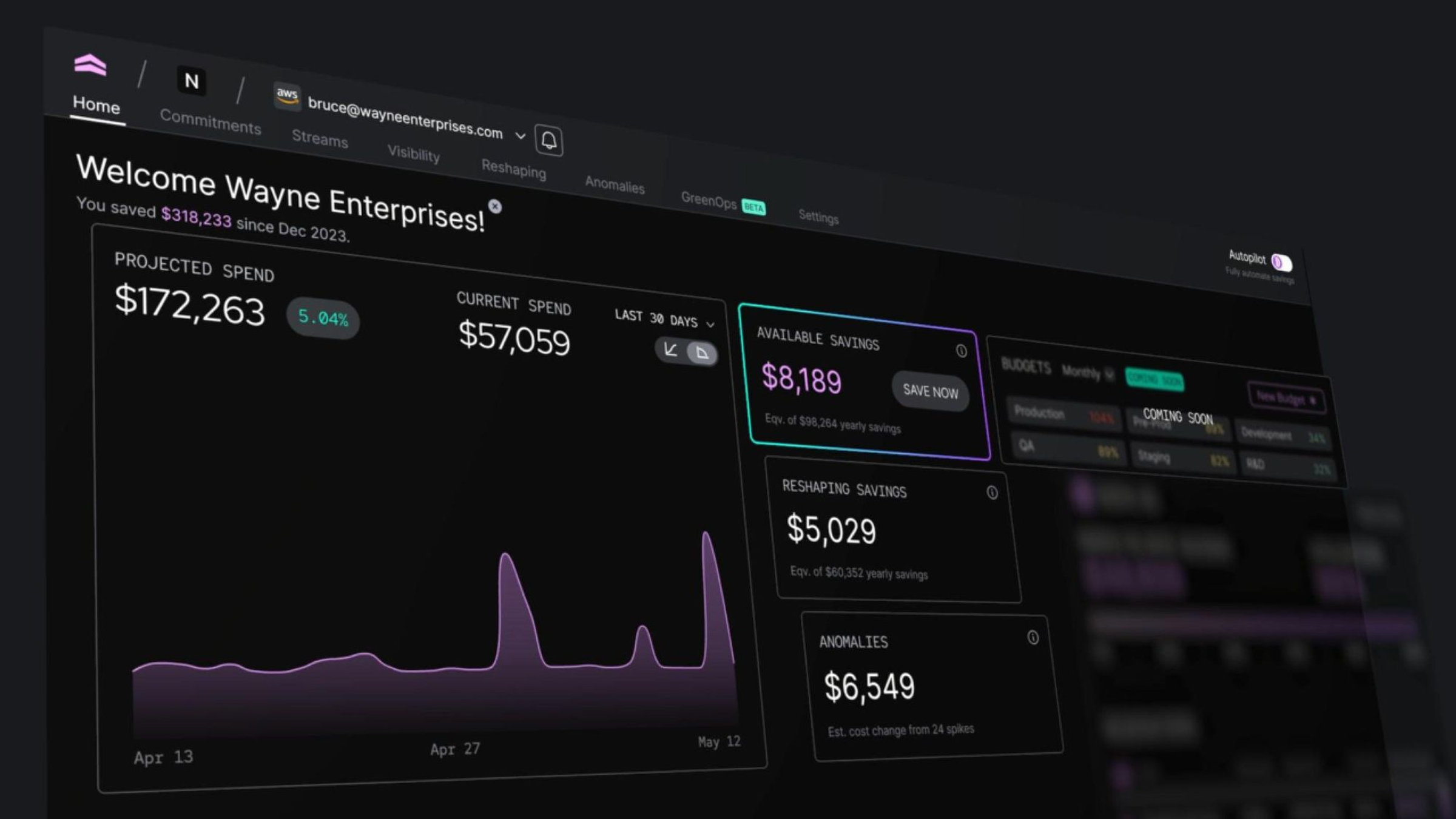 North dashboard showing projected and current AWS spend, available savings, reshaping savings, budget breakdowns, and cost anomaly tracking.