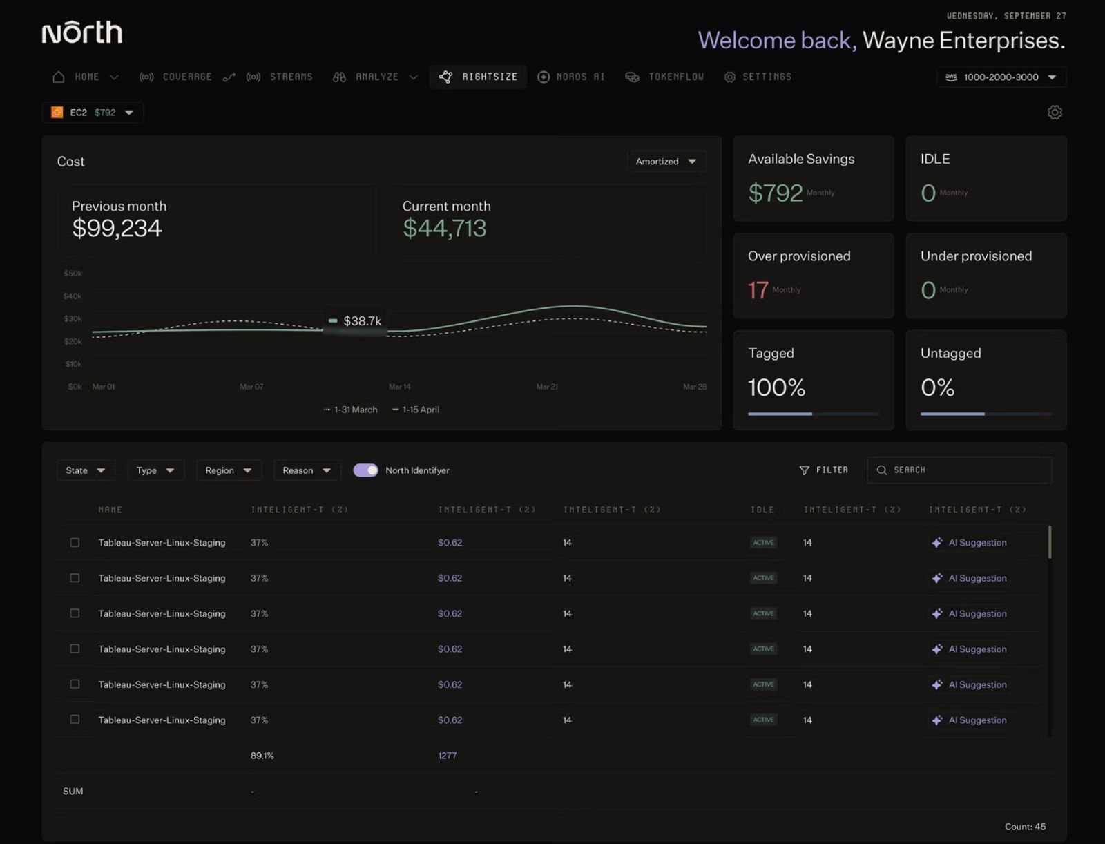 North's Rightsize dashboard for an EC2 resource, showing available savings of $792 monthly, zero idle instances, 17 over-provisioned resources, and no under-provisioned resources. A cost chart compares the previous month's $99,234 spend to the current month's $44,713, and a resource table lists individual instances with utilization percentages, savings amounts, and AI-generated sizing suggestions.