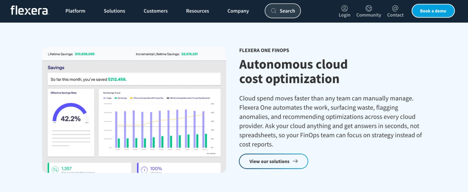 Flexera's homepage for Flexera One FinOps, showing $10,936,065 in lifetime savings and a 42.2% effective savings rate on the same dashboard style as ProsperOps, alongside marketing copy describing autonomous cloud cost optimization across every cloud provider.