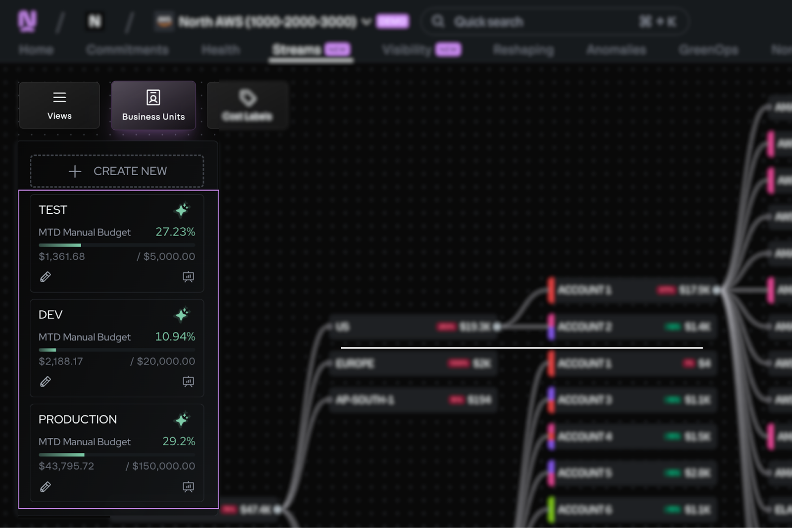 Coststreams' Business Units panel showing month-to-date budget tracking for Test, Dev, and Production environments alongside the Cost Flow diagram.