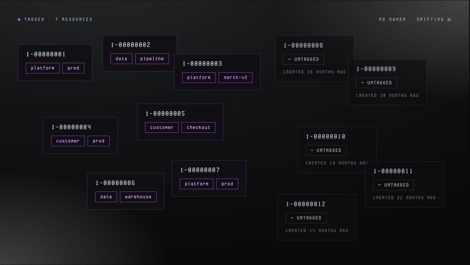 Diagram of 12 resources split into two groups. Left side, tagged, 7 resources: i-00000001 tagged platform and prod, i-00000002 tagged data and pipeline, i-00000003 tagged platform and north-v2, i-00000004 tagged customer and prod, i-00000005 tagged customer and checkout, i-00000006 tagged data and warehouse, i-00000007 tagged platform and prod. Right side, no owner, drifting: i-00000008 through i-00000012, all untagged, created between 14 and 30 months ago.