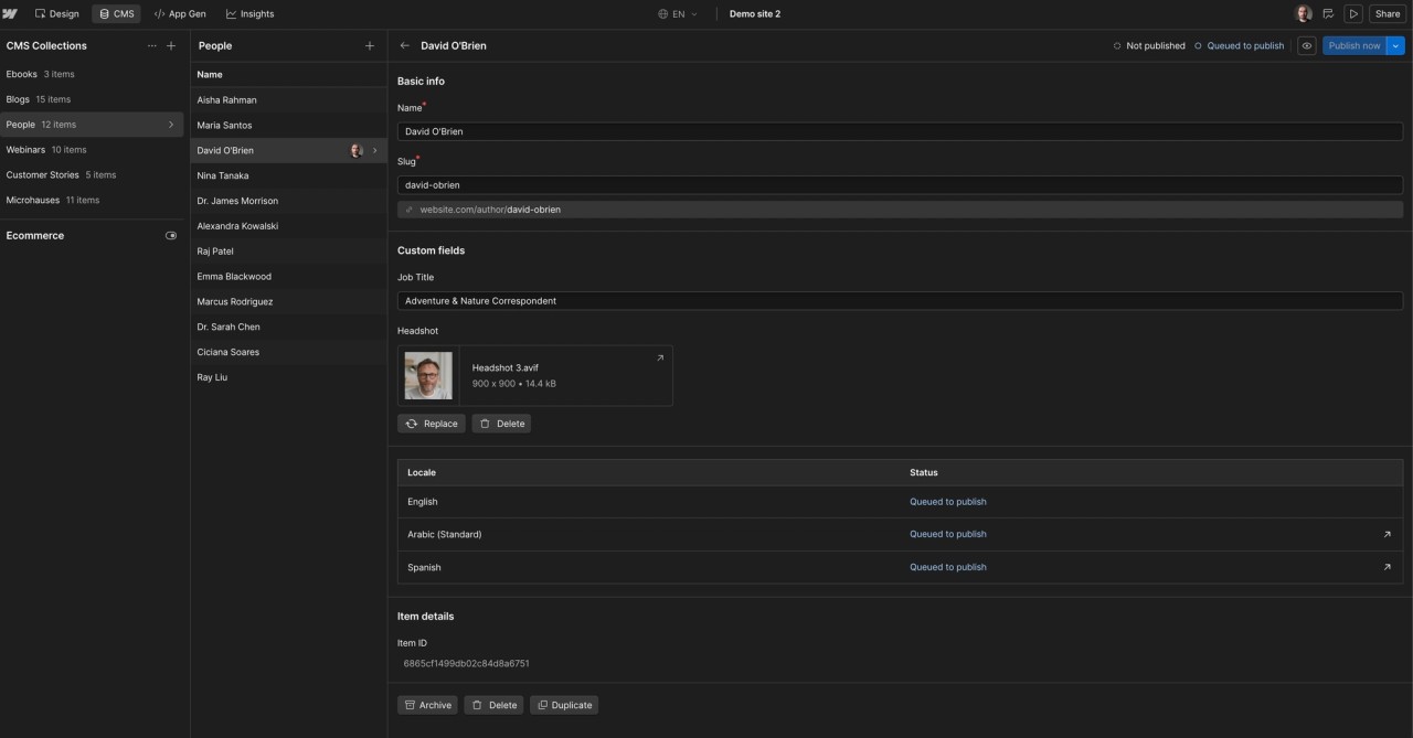 Webflow CMS: the collections list on the left and an item with custom fields on the right