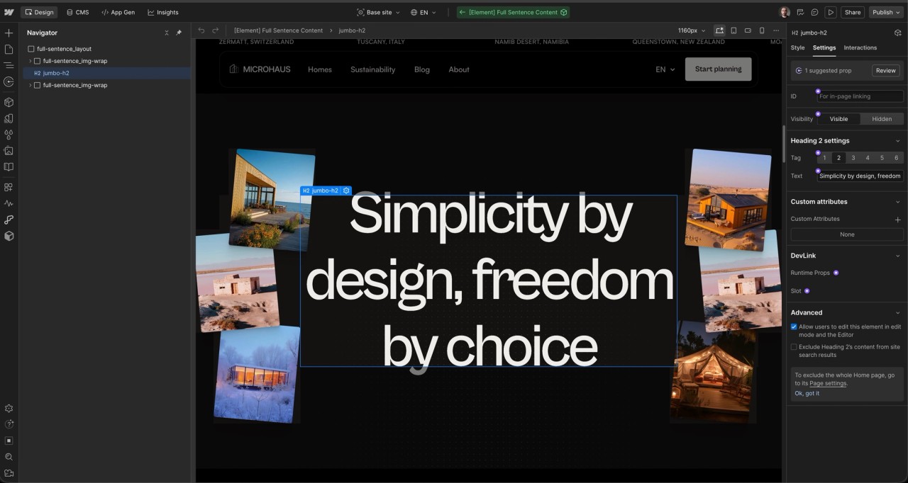 Webflow interface: HTML (site structure) on the left, CSS (styles, animations, settings) on the right