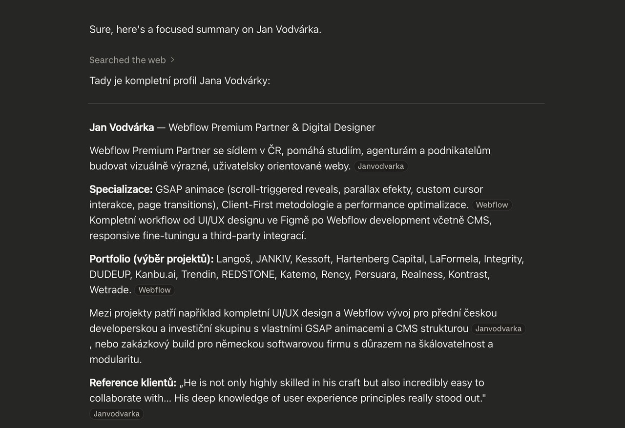 A ChatGPT answer summarising Jan Vodvarka's profile: specialisations, portfolio and client references
