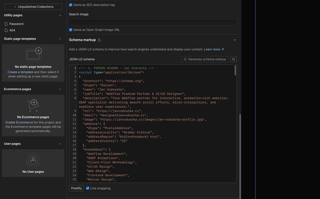 Webflow page settings: the Schema markup field with a JSON-LD Person schema