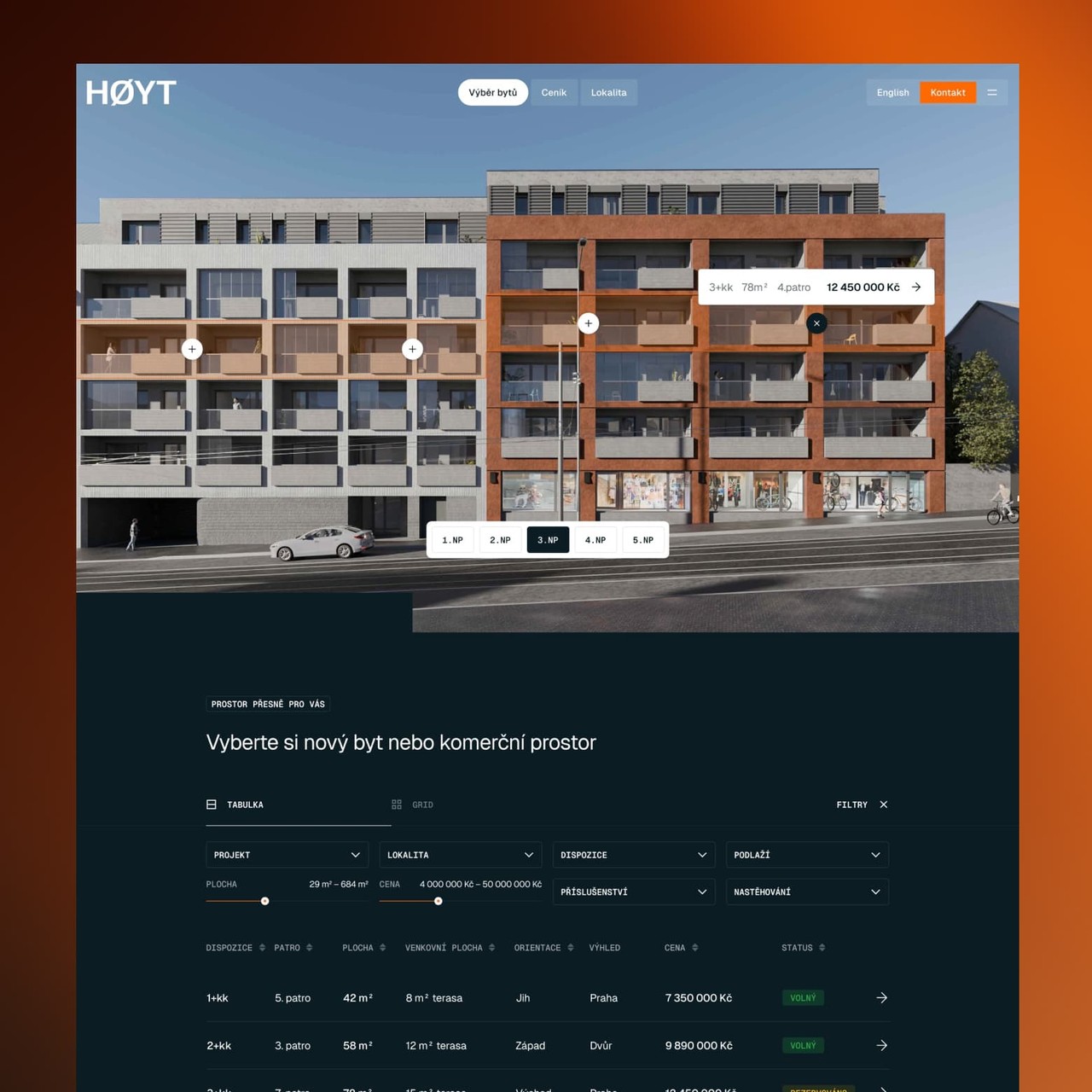 Webflow development of presentation website for HOYT residential project in Prague.