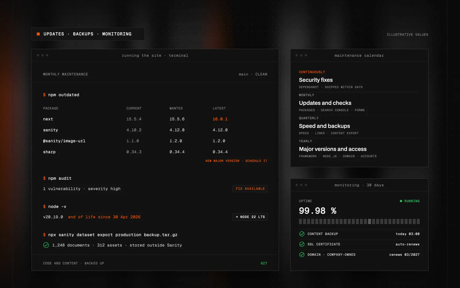 Running a custom website: a console with framework and package updates, a maintenance calendar by week, month and year, and an uptime and backup panel, illustrative values.