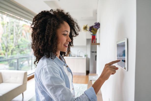 Woman using touch screen