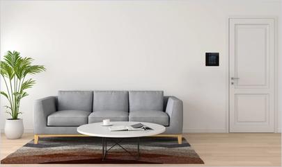 apartment living room with smart devices on display