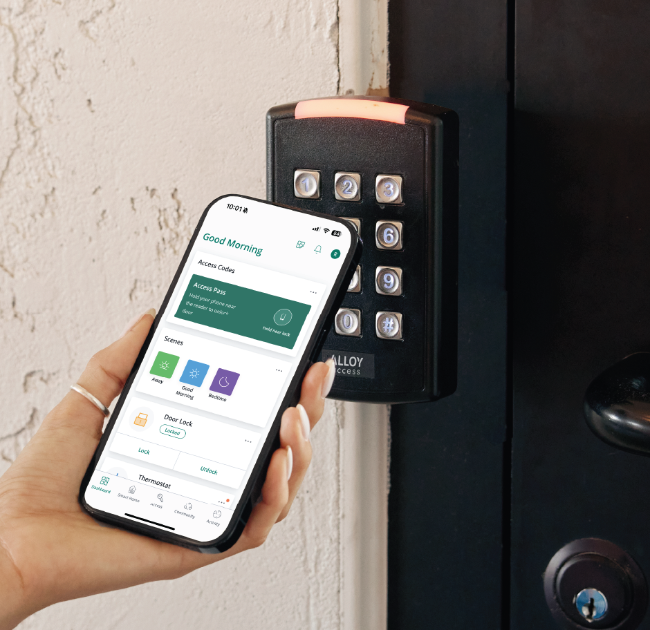Person access a community building with the SmartRent app and a Smart Reader
