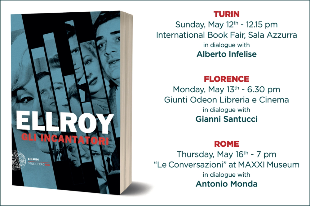 Image of Ellroy's Book The Enchanters in the Italian edition and a list of tour dates.
