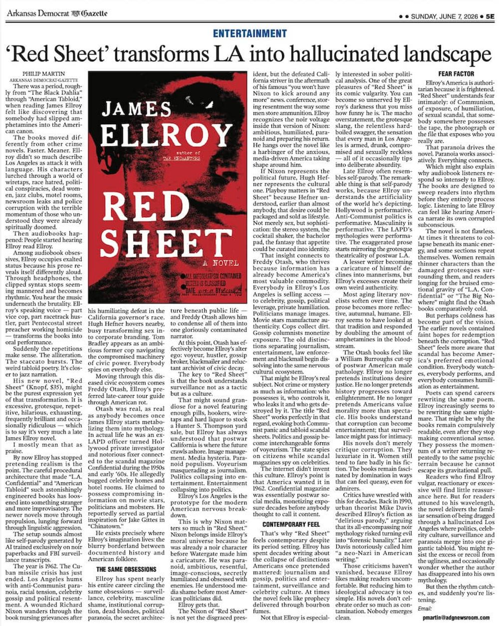 Facsimile of newspaper clipping about James Ellroy's Red Sheet