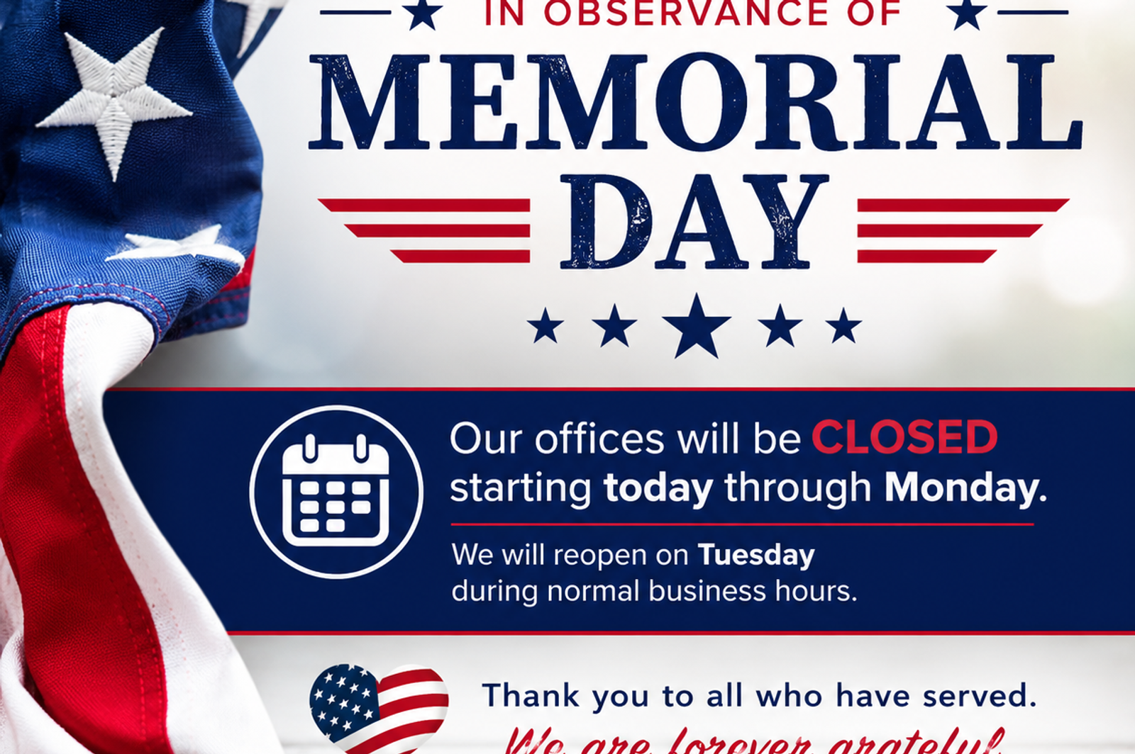 Cars for Kids Offices Closed in Observance of Memorial Day
