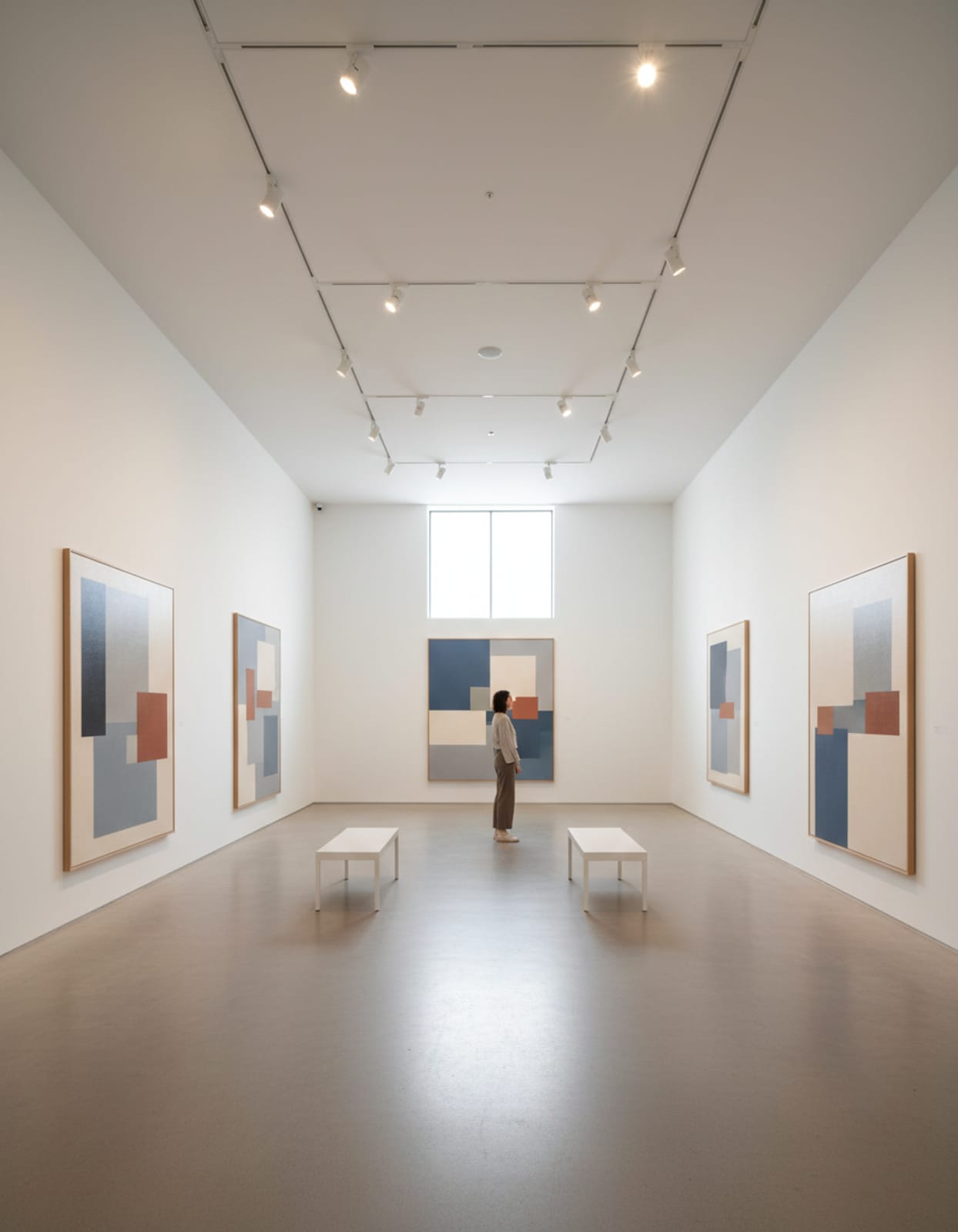Visitor viewing artwork in a bright gallery