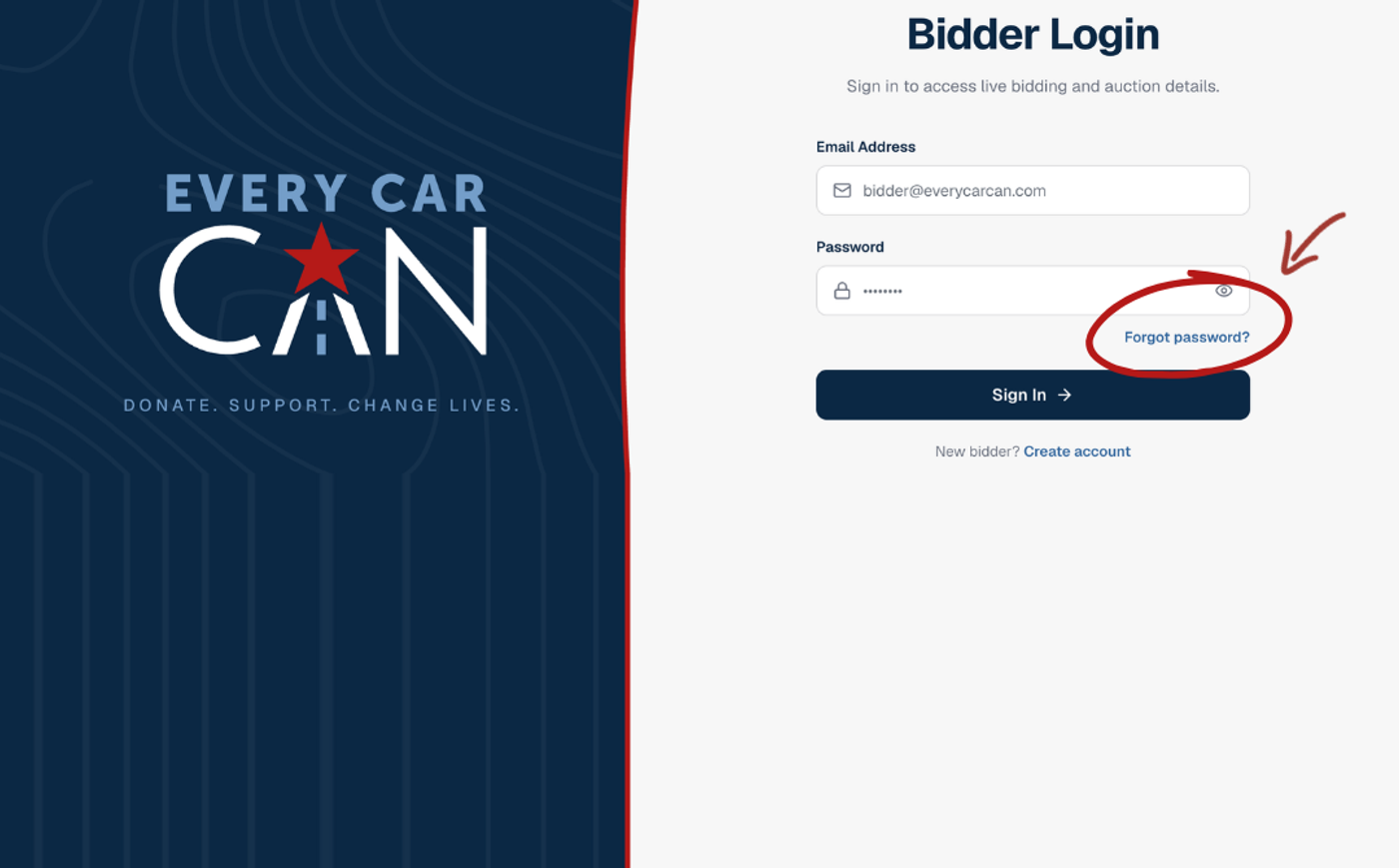 The Bidder Login screen with the "Forgot password?" link circled in red below the password field.