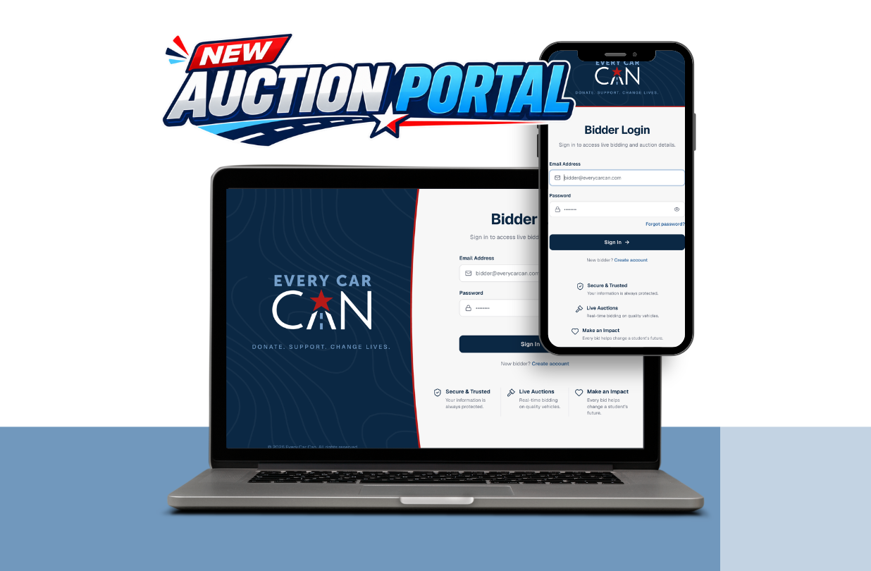 New Every Car Can auction portal shown on a laptop and a phone, both displaying the Bidder Login screen.