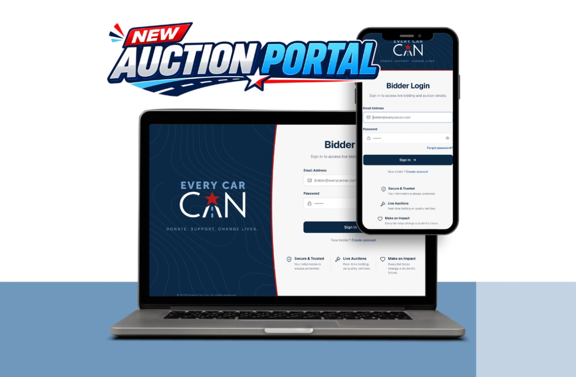 New Every Car Can auction portal shown on a laptop and a phone, both displaying the Bidder Login screen.