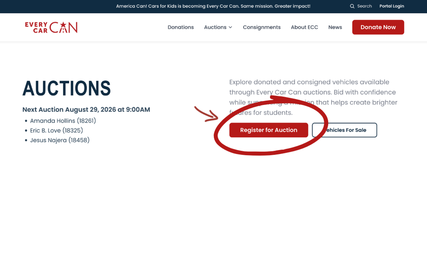 The Every Car Can auctions page with the "Register for Auction" button circled in red.