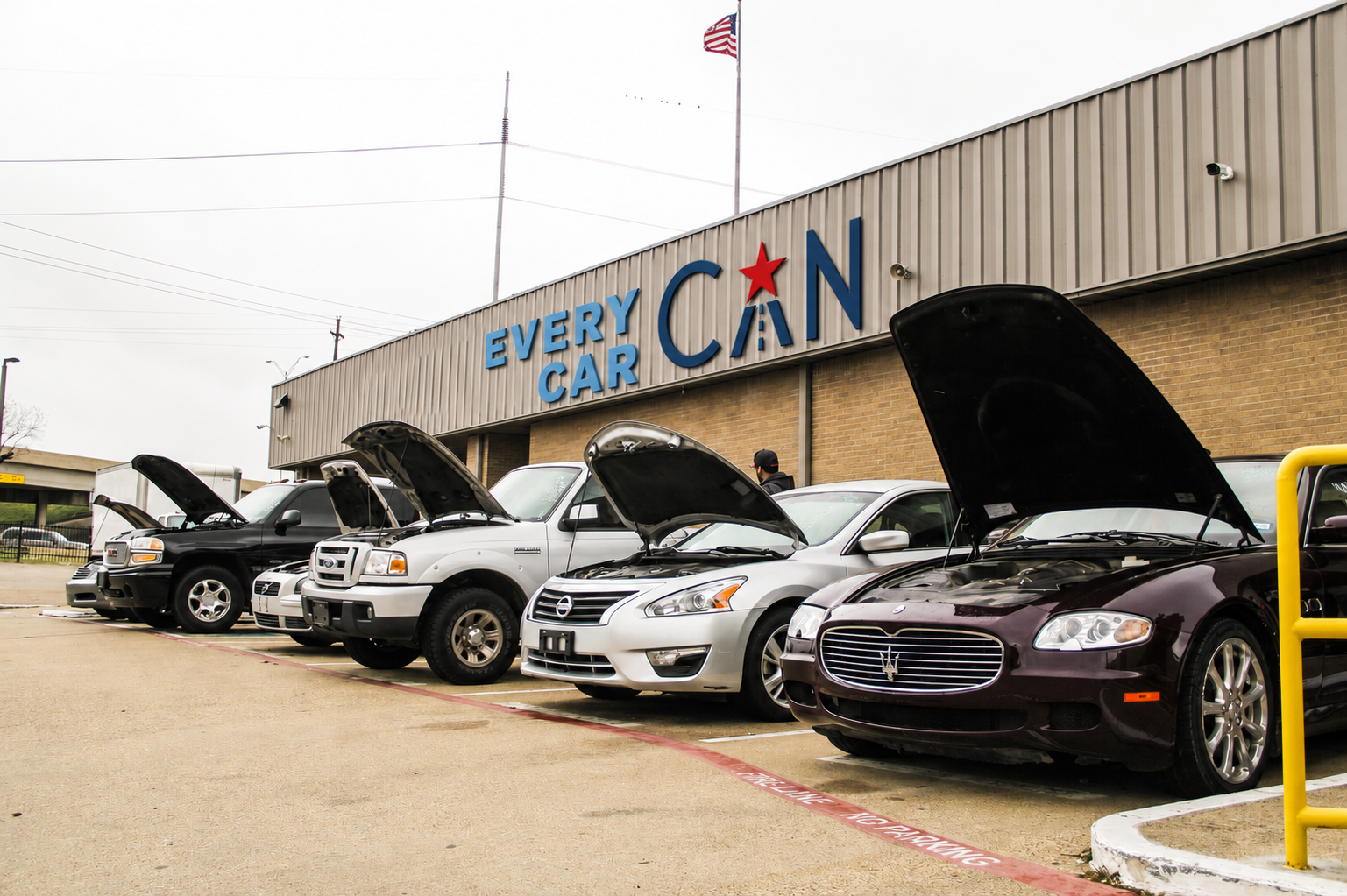 Vehicles lined up at an Every Car Can auction lot