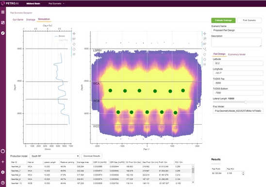 Screenshot of deep learning model for oil and gas showing well spacing in a pad in the Petro.ai platform