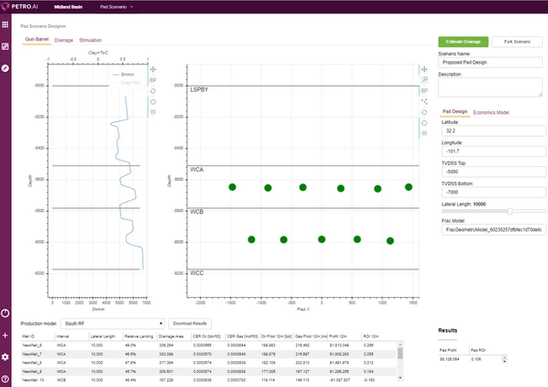 Screenshot of gun barrel model showing well spacing in a pad in the Petro.ai platform