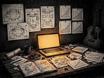 Builder's desk at 1am — laptop glowing, stage plots and growth charts on the wall, guitar in the corner