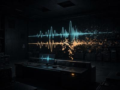 A dark operations control room; a cyan waveform splits into a glitching amber impostor.