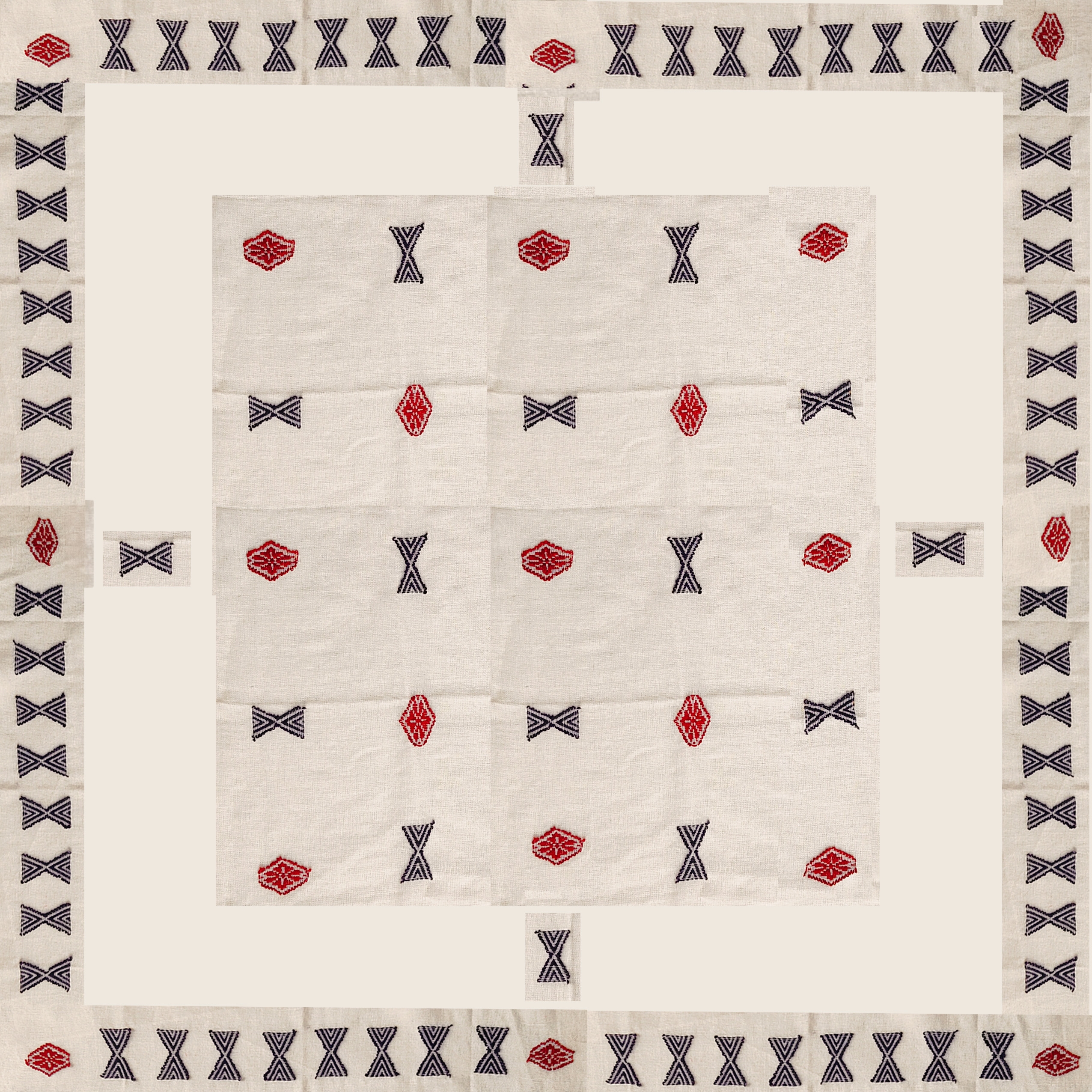 Front and back sides of authentic reversible Toda embroidery showing identical patterns