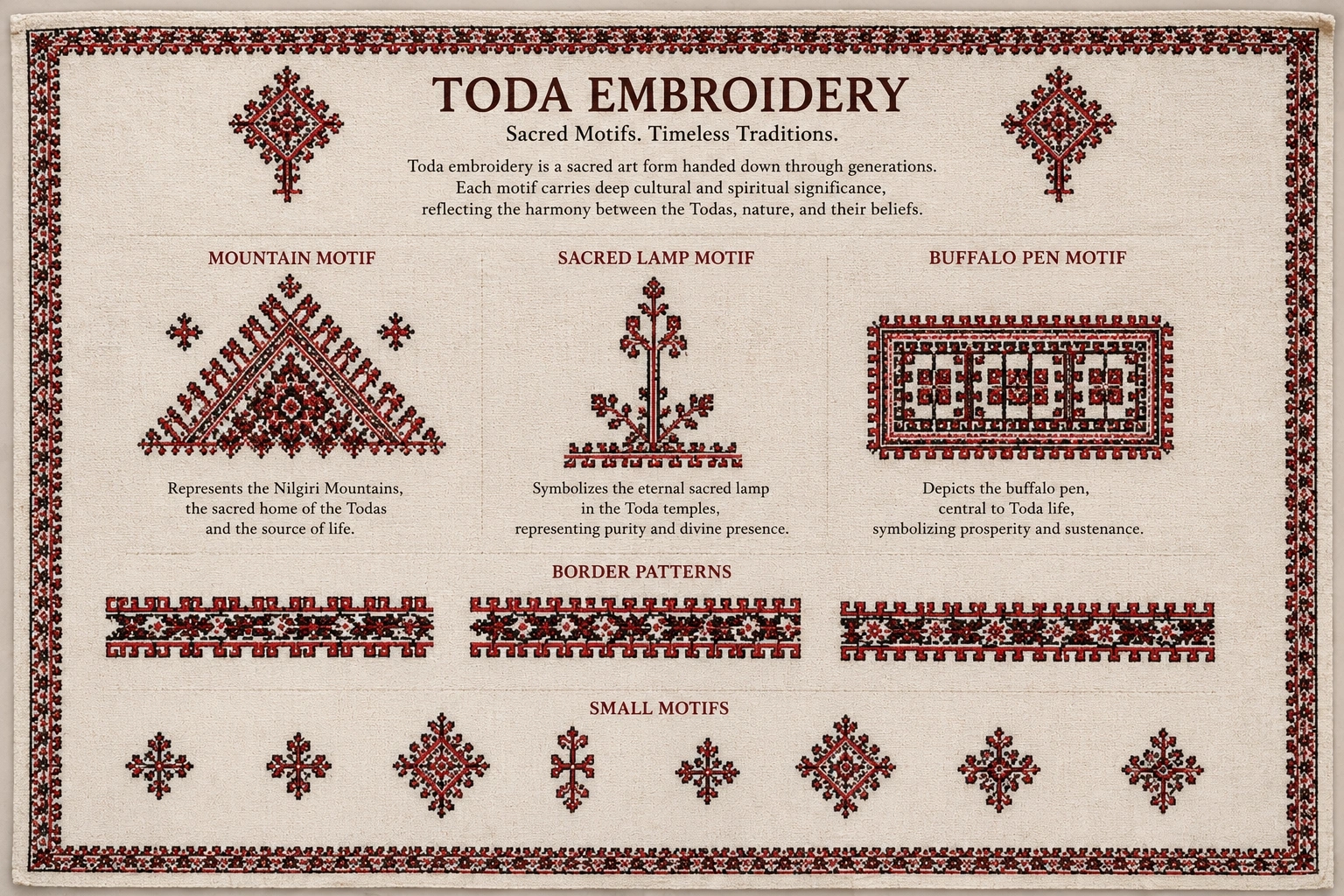 Traditional Toda embroidery motifs representing mountains, lamps, and buffalo pens