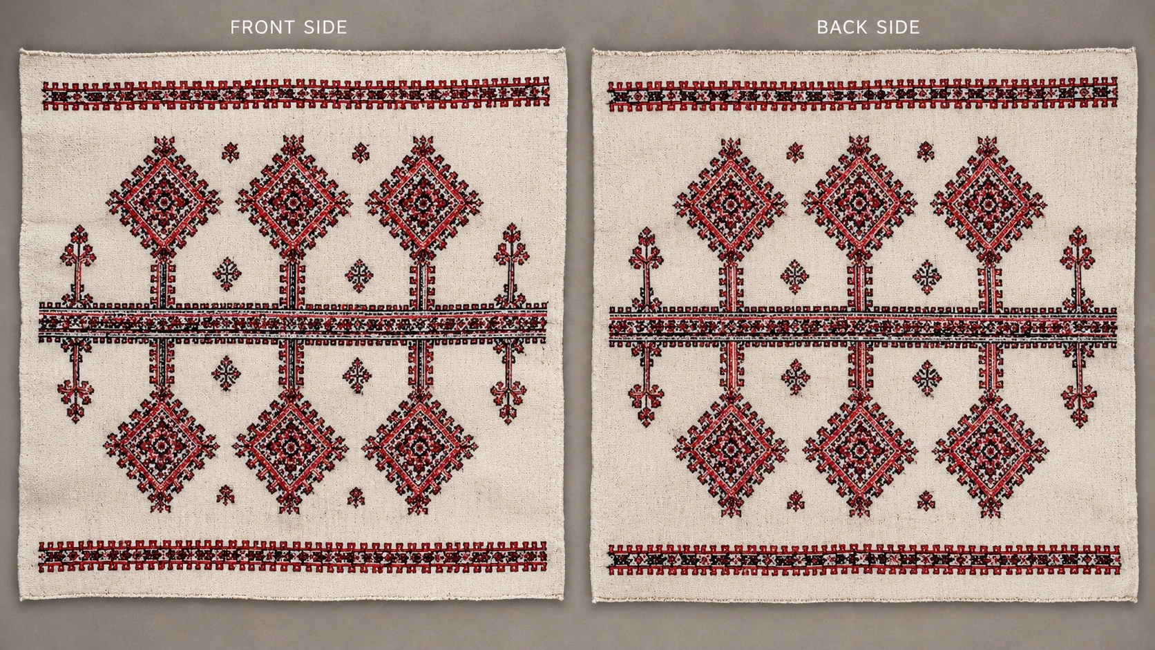 Front and back sides of authentic reversible Toda embroidery showing identical patterns