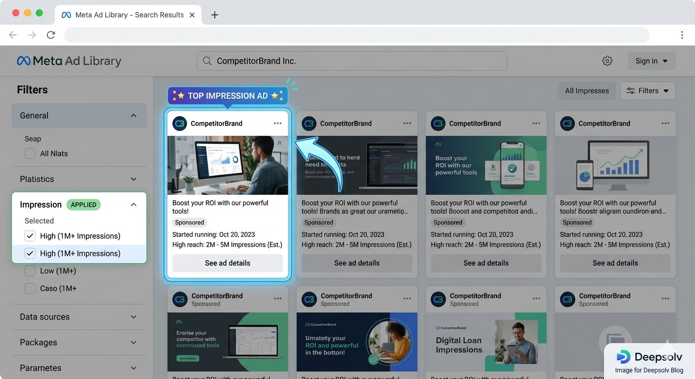 Meta Ad Library interface with impression filter applied, highlighting a competitor's top-impression ad