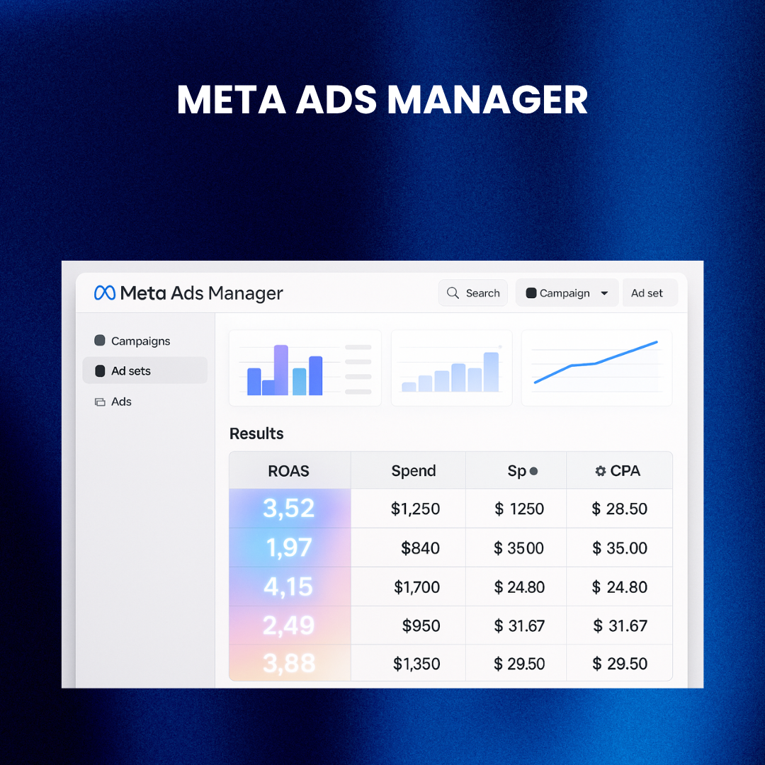 Meta Ads Manager interface showing ROAS, spend, and CPA per ad set.