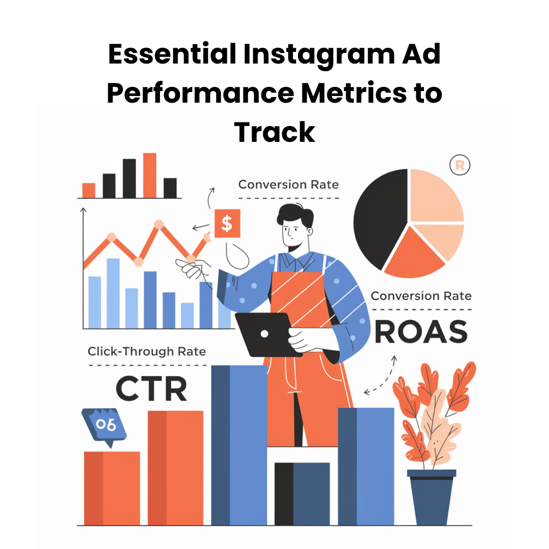 A bar graph and pie chart illustrating key Instagram ad performance metrics like Click-Through Rate (CTR), Conversion Rate, and Return on Ad Spend (ROAS). A marketer is seen analyzing the data and adjusting ad campaigns accordingly.