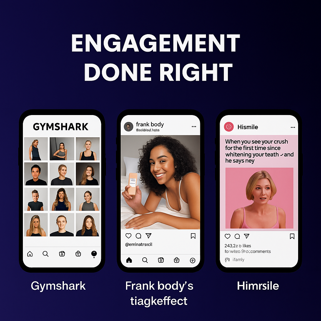 3-device layout showing screenshots from each brand’s Instagram: Gymshark’s UGC grid, Frank Body’s tagged #frankeffect posts, HiSmile’s pink-toned meme ad with thousands of comments