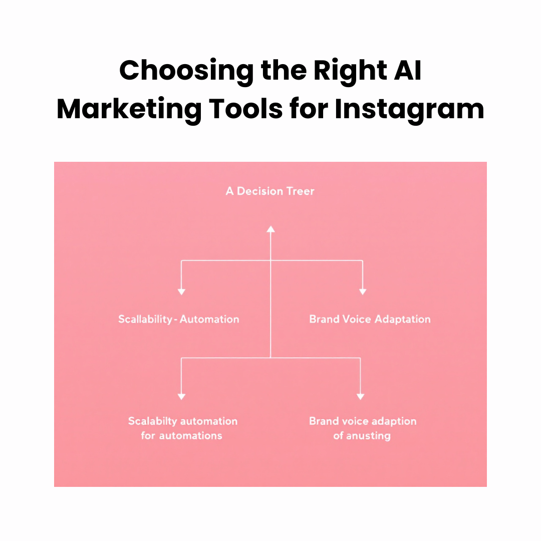 A decision tree guiding marketers on selecting the best AI-powered Instagram tools based on features like scalability, automation, and brand voice adaptation.