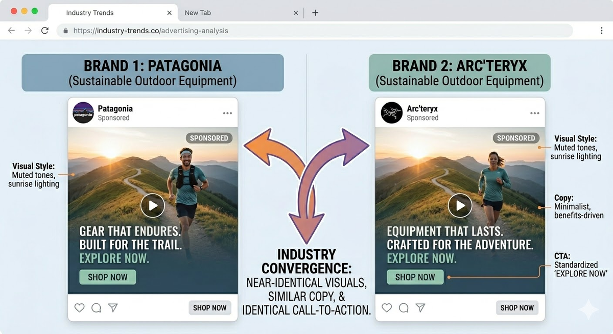 different brands in the same niche using similar ad formats, illustrating convergence