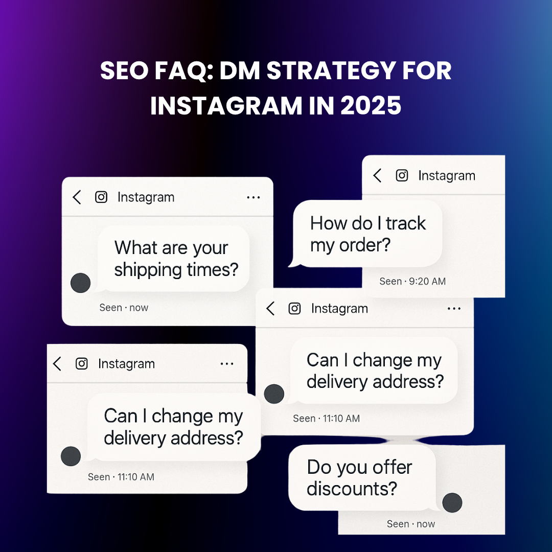 Collage of Instagram DM interface snippets with overlaid frequently asked questions related to DM marketing strategy in 2025