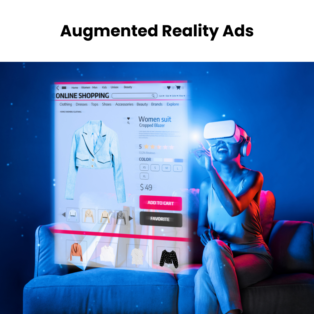 A user interacting with an Instagram AR ad, trying on virtual sunglasses using their phone camera. The interface allows the user to swipe through different styles before making a purchase.