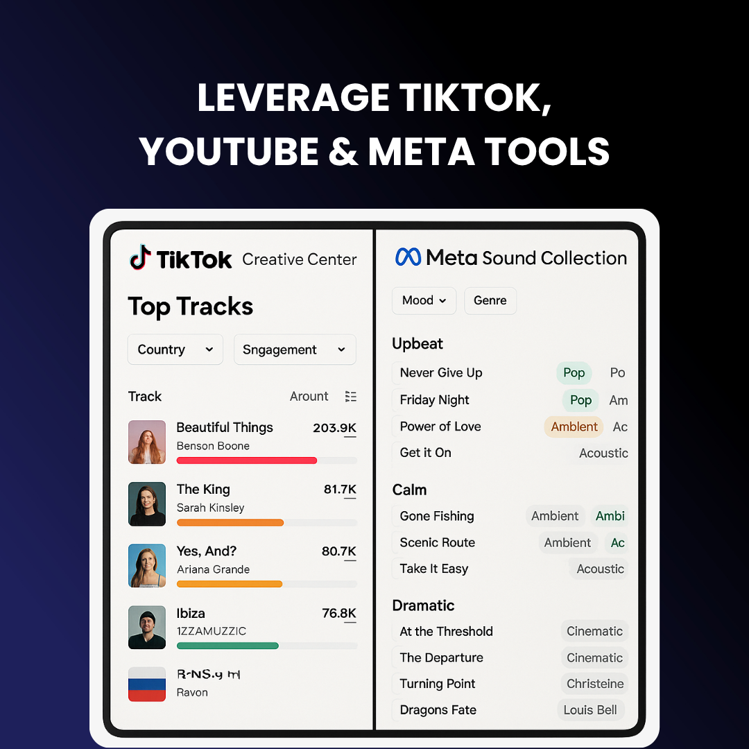 TikTok Creative Center dashboard comparing top tracks by country and engagement; next to it, Meta Sound Collection with music filters by mood and genre