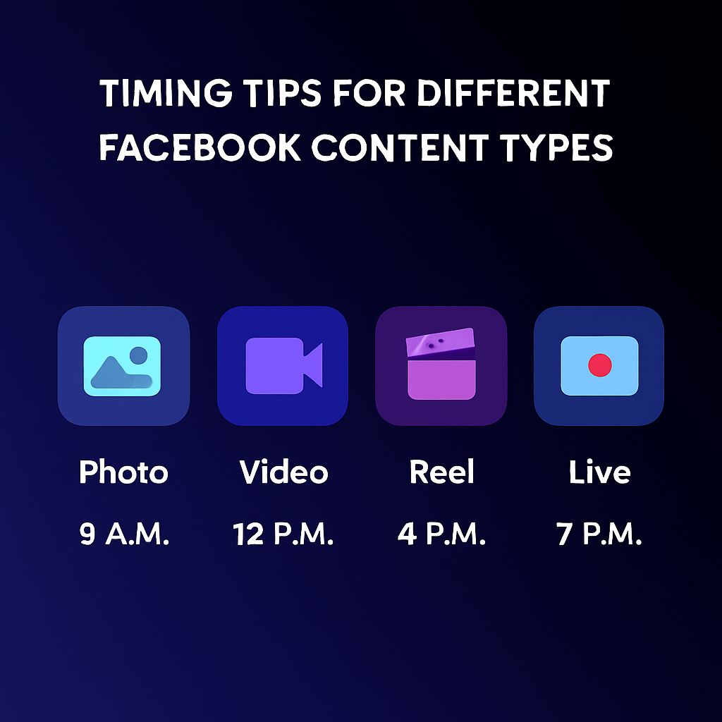 Content format timing guide showing best Facebook posting times for videos, photos, Reels, and live streams.