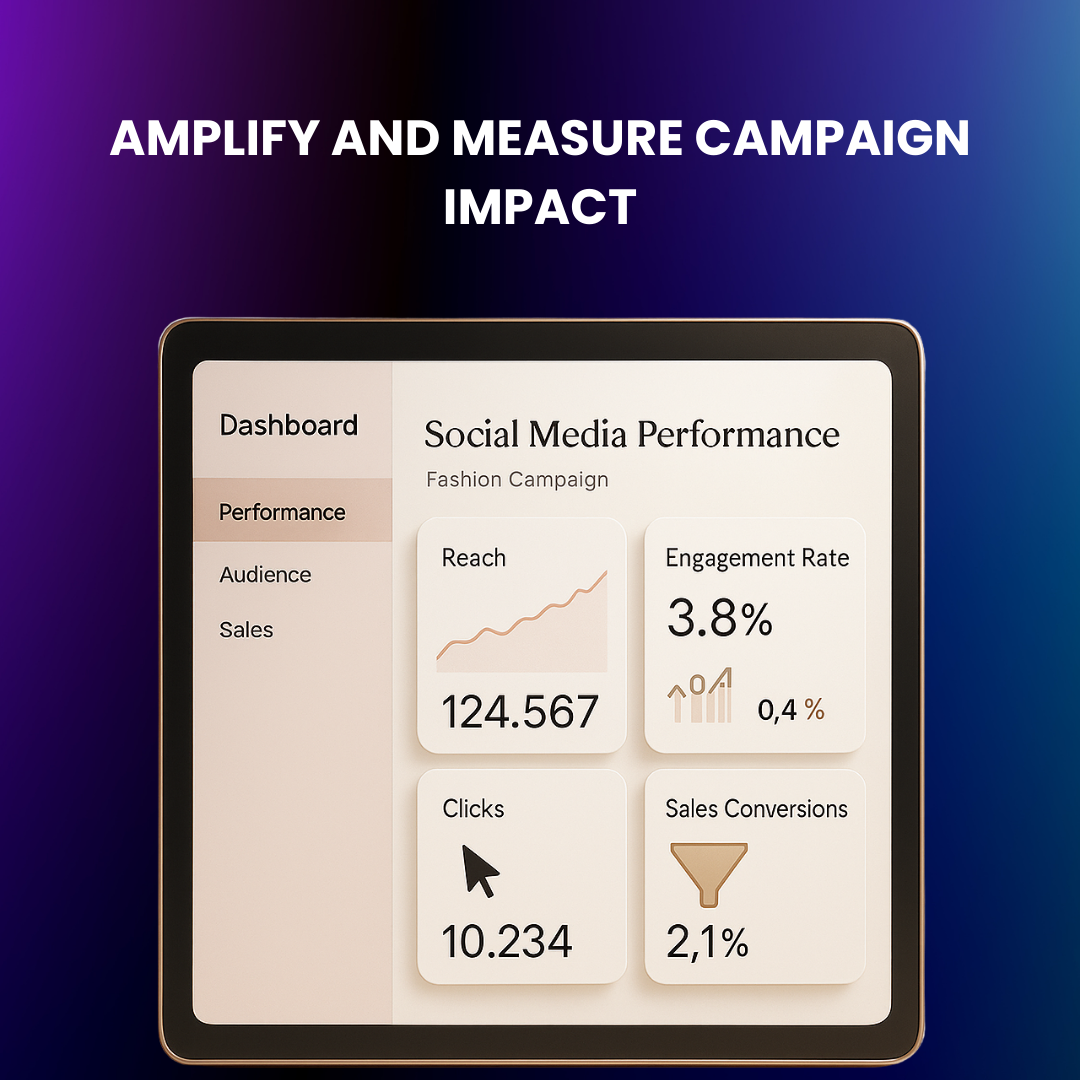 Performance dashboard showing metrics: reach, engagement rate, clicks, sales conversions.