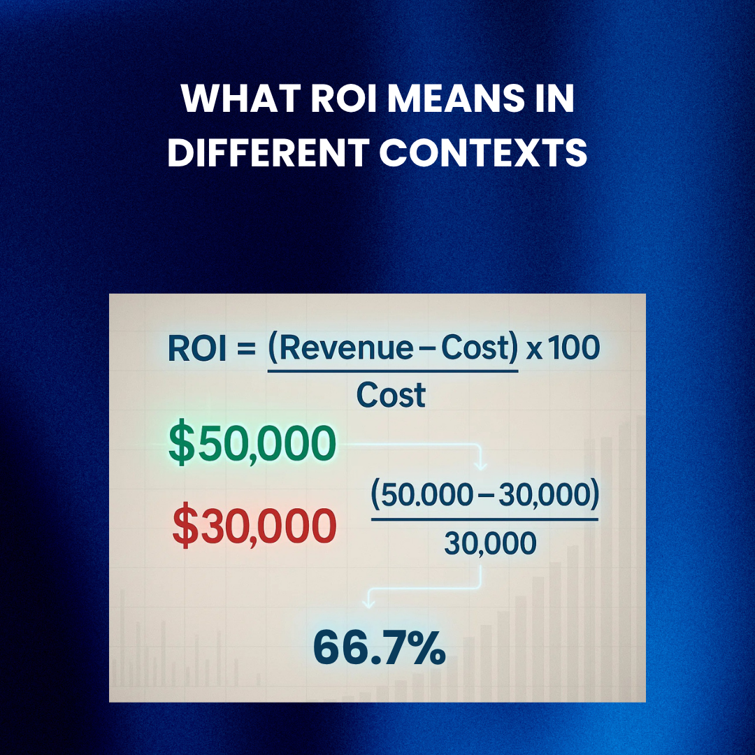 Graphic showing ROI calculation formula and example of revenue and cost inputs.