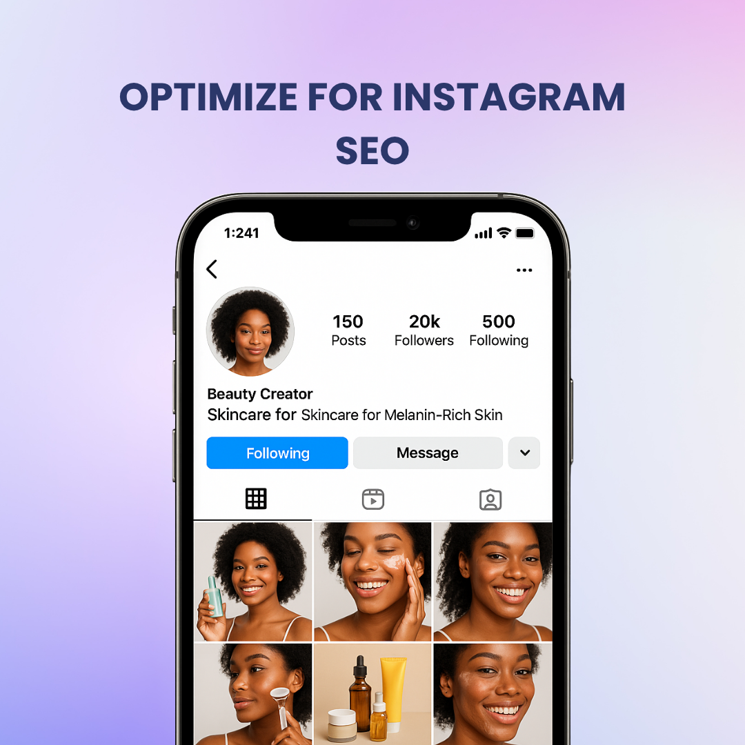 Instagram profile optimized for search with SEO-friendly keywords in bio.